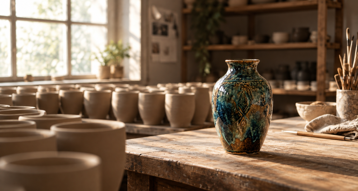 Unique decorated Vase in Workshop with other indistinct vases.
