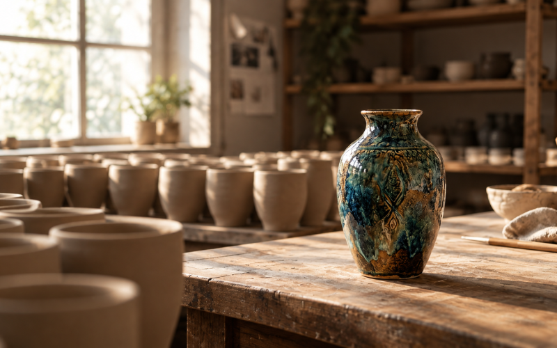 Unique decorated Vase in Workshop with other indistinct vases.